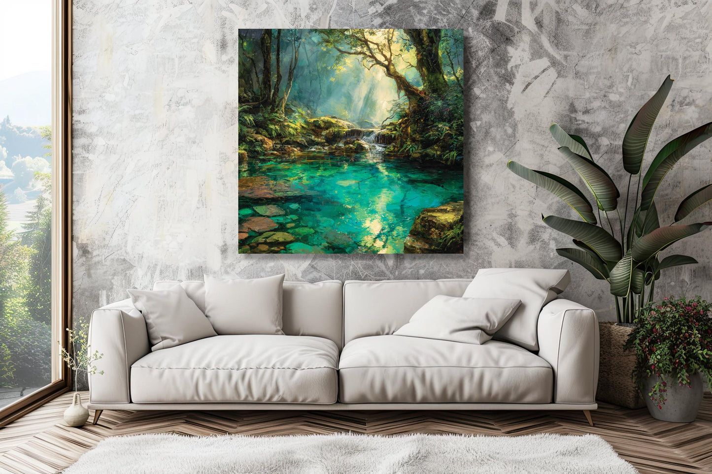 Tranquil Forest Stream Canvas Wall Art, Sunlit Nature Landscape Print,