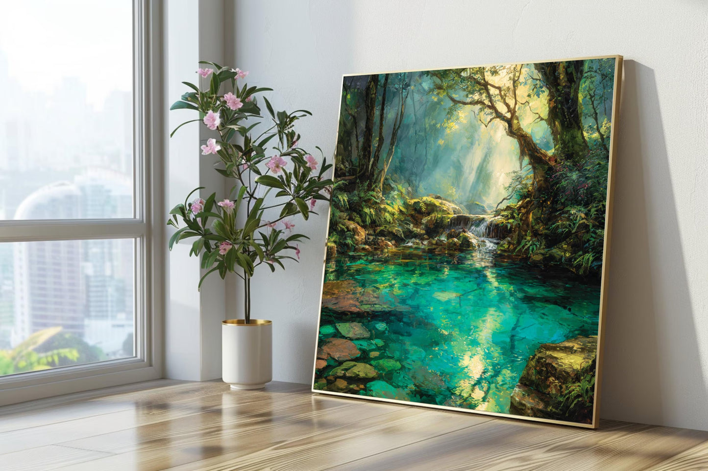 Tranquil Forest Stream Canvas Wall Art, Sunlit Nature Landscape Print,
