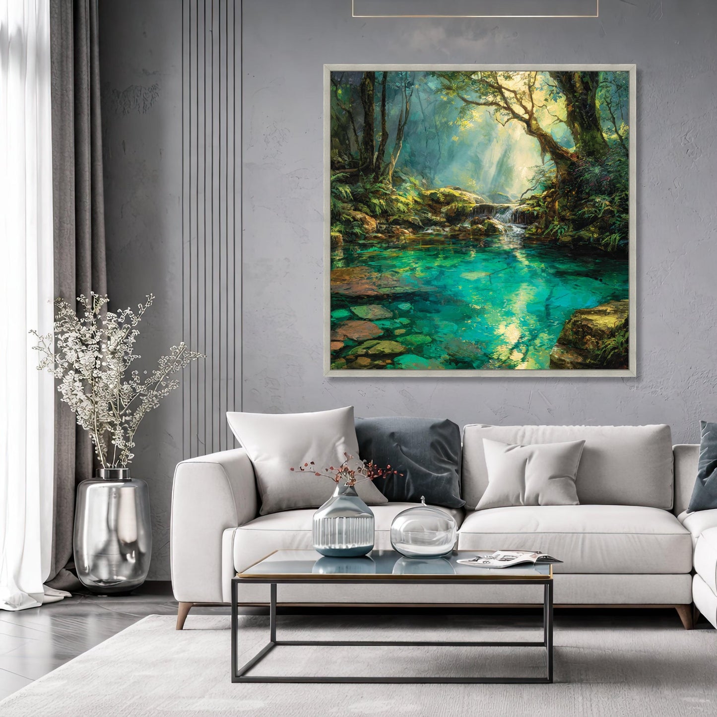 Tranquil Forest Stream Canvas Wall Art, Sunlit Nature Landscape Print,