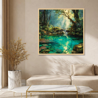 Tranquil Forest Stream Canvas Wall Art, Sunlit Nature Landscape Print,