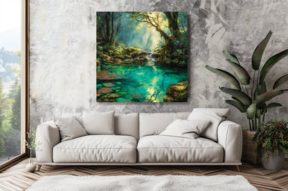 Tranquil Forest Stream Canvas Wall Art, Sunlit Nature Landscape Print,