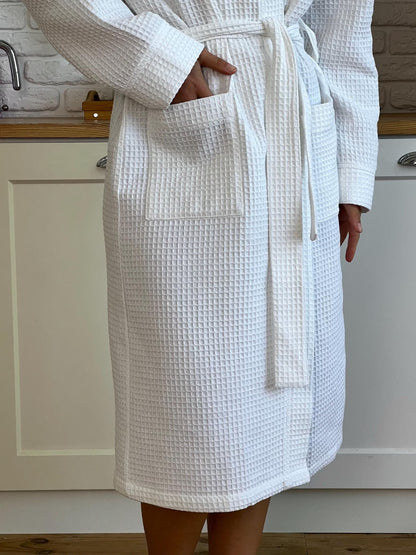 White Waffle Cotton Bathrobe, Classic Unisex Spa Robe