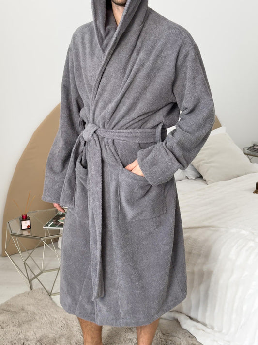 Men’s Premium Hooded Cotton Bathrobe, Soft Spa Robe