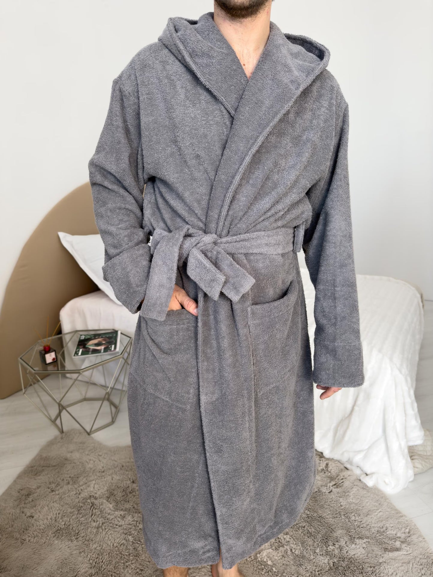 Men’s Premium Hooded Cotton Bathrobe, Soft Spa Robe