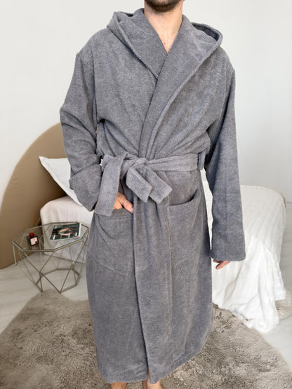 Men’s Premium Hooded Cotton Bathrobe, Soft Spa Robe