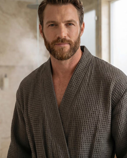 Men’s Dark Grey Waffle Cotton Robe, Lightweight Spa Bathrobe