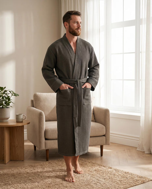 Men’s Blue Waffle Cotton Robe, Natural Cotton Spa Bathrobe