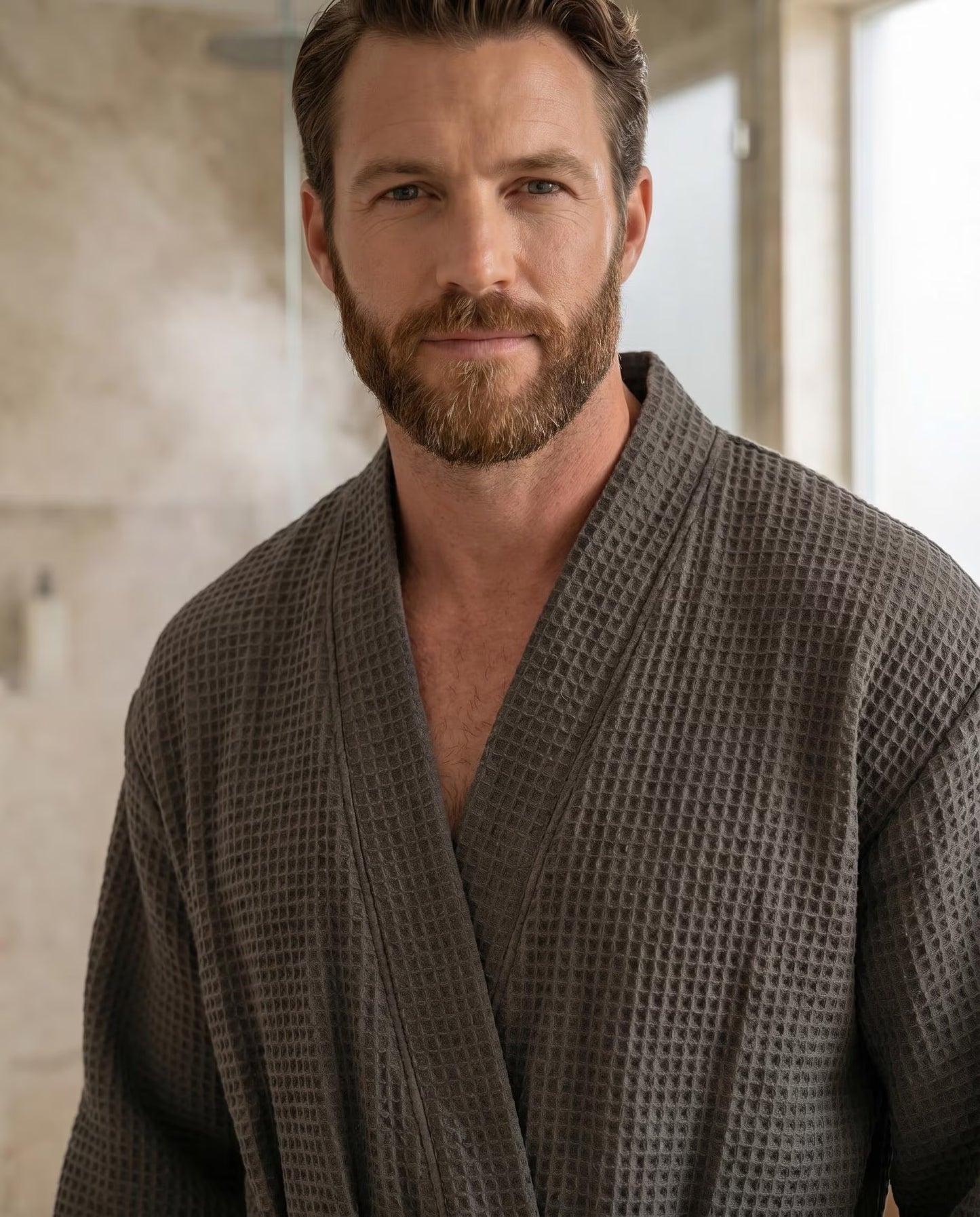 Men’s Blue Waffle Cotton Robe, Natural Cotton Spa Bathrobe