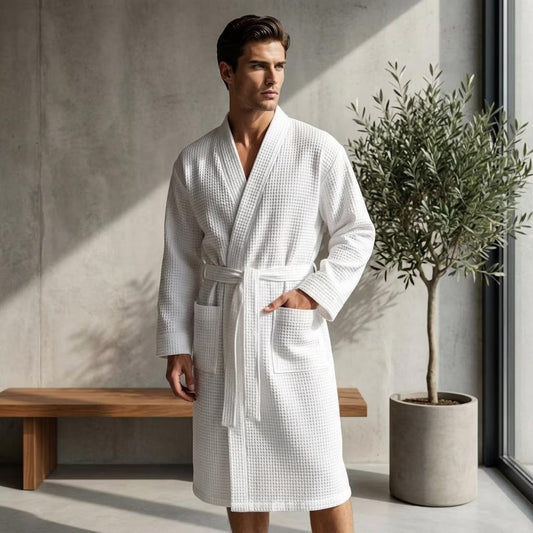 White Waffle Cotton Bathrobe, Classic Unisex Spa Robe