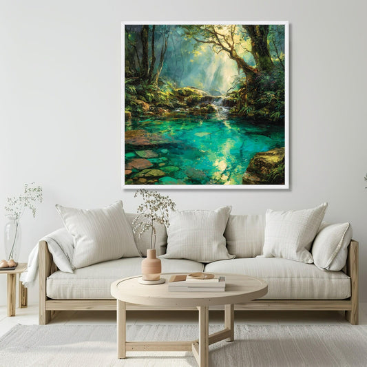 Tranquil Forest Stream Canvas Wall Art, Sunlit Nature Landscape Print,